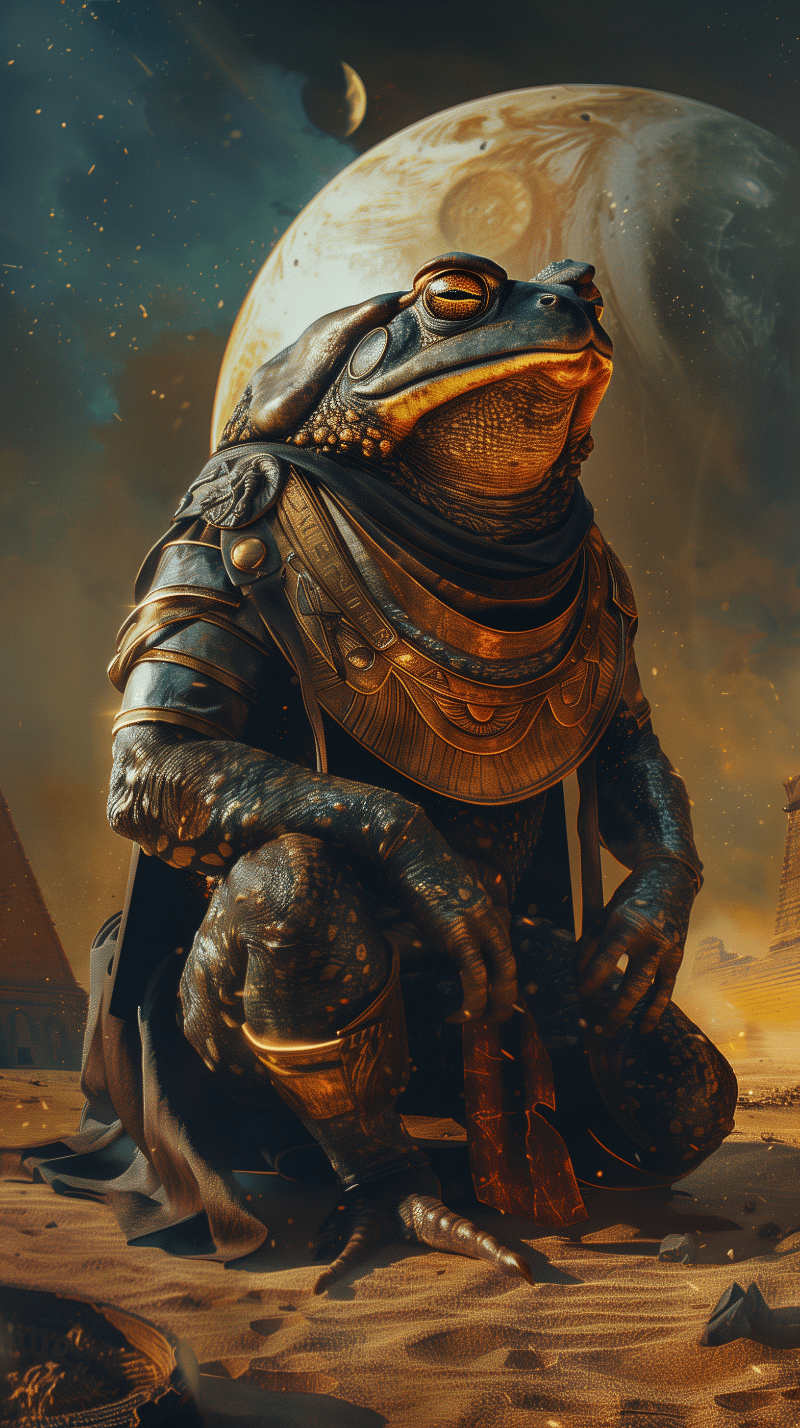 AI generated: A surreal digital artwork of an frog wearing a Egyptian clothes, standing on the planet's surface wi...