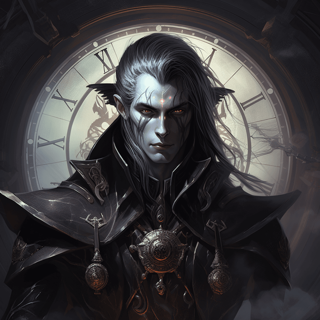 AI generated: a close up of a person with a clock, litrpg novel cover, dark elf, discord mod, vampire lord, portra...