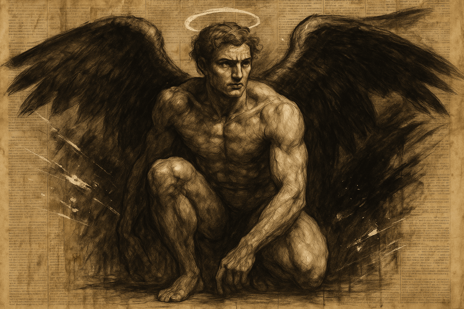 AI generated: Charcoal and ink drawing of a crouching male angel with large dark wings, painted over aged newspape...