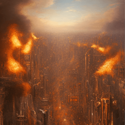 AI generated: oil painting sytle of a busy metropolis in hell, large pan of the city