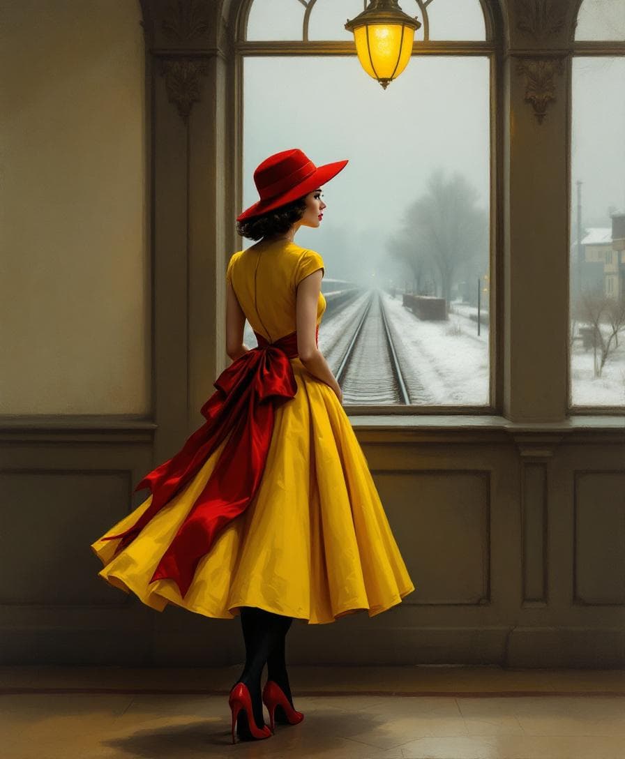 AI generated: A woman, light-skinned, mid-20s, wearing a vibrant yellow, full-skirted swing dress of a 1940s-style...