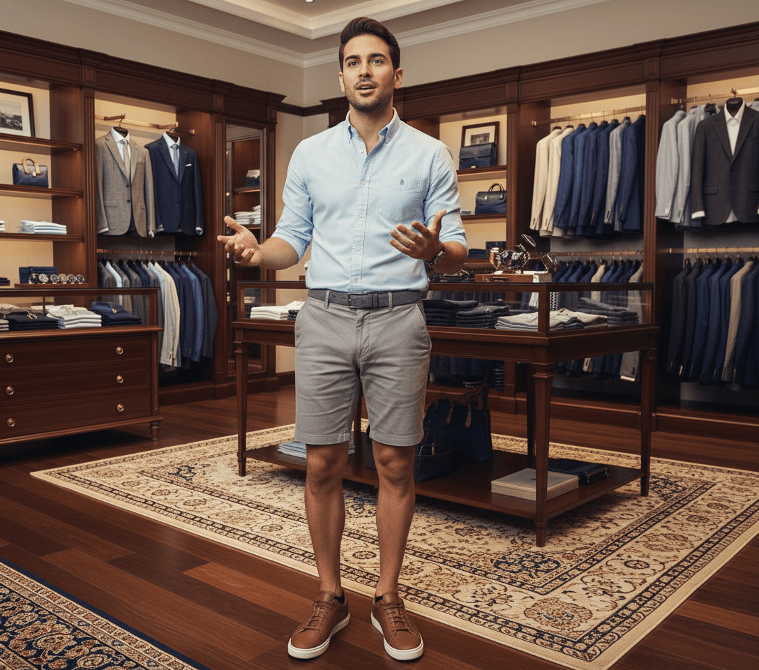 AI generated:  Inside a regular clothing store. A Hispanic male, is 5 feet tall. He is wearing a baby blue shirt s...