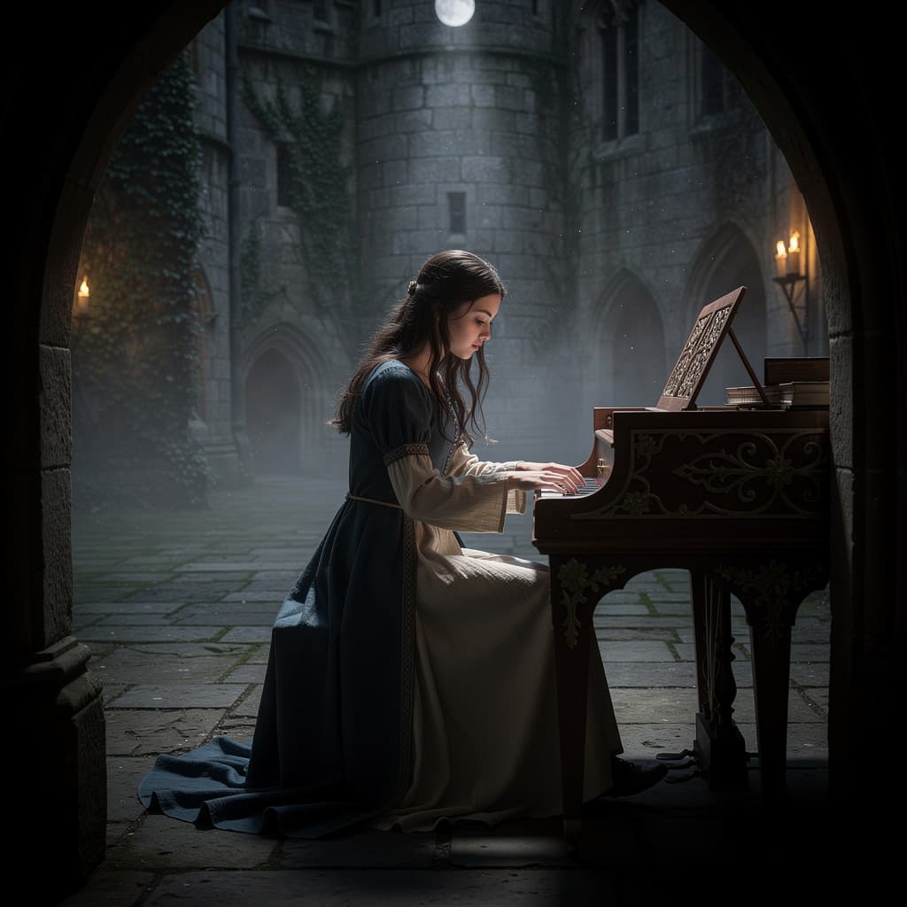 AI generated: hauntingly beautiful picture of a young lady in medieval times.  she is sitting in the middle of an ...