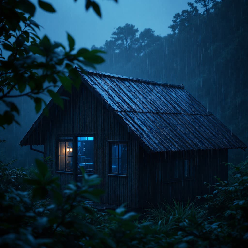 AI generated: A hyper-realistic 8K scene during an intense storm on a very dark night. The image focuses on an iso...