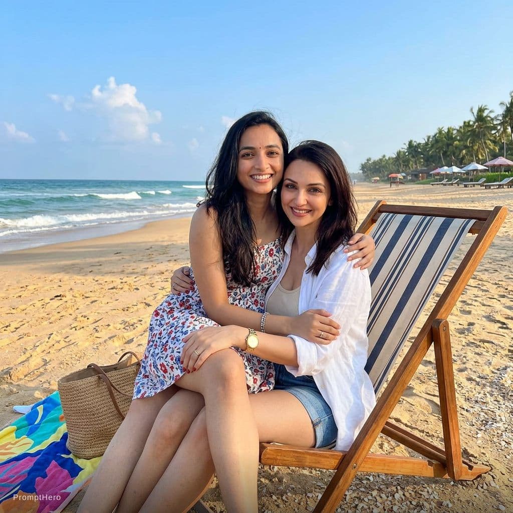 AI generated: Make them at a beach sitting in a single chair with the girl sitting on the other girls lap in cloth...