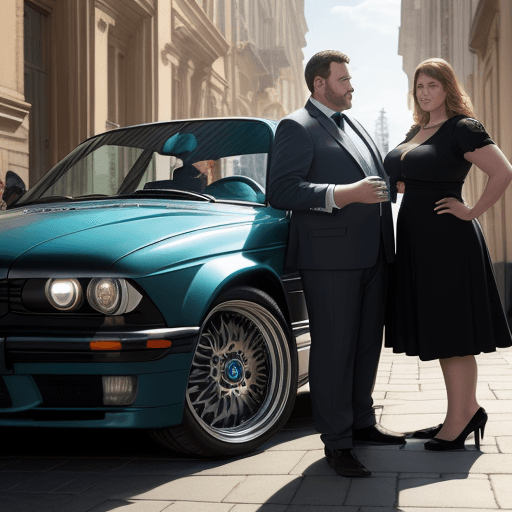 AI generated: against the background of a BMW there are 4 people a man weighing 100 kg, 2 children and a tall wife...