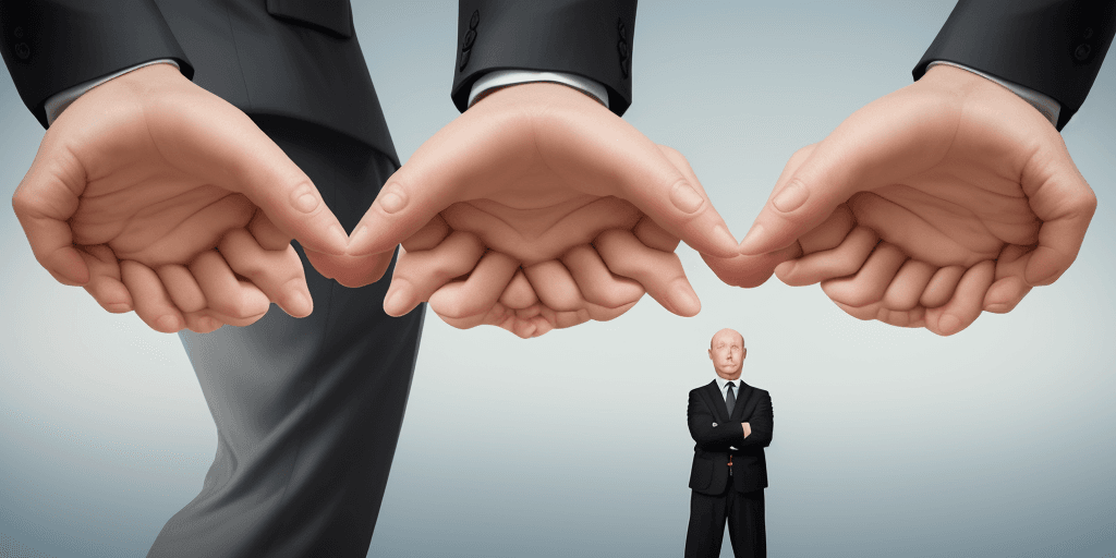 AI generated: Create an image of one confused executive executive holding out their two hands as if they are tryin...