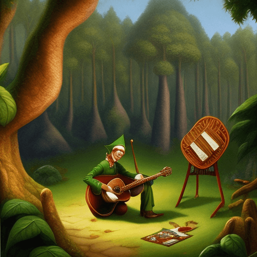 AI generated: kind elf playing spanish guitar in a forest grove, Dungeons and Dragons, Vladimir Kush