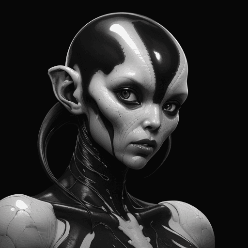 AI generated: A black and white portrait of a alien, wearing clothes, upper body, head and shoulders portrait, 8k ...