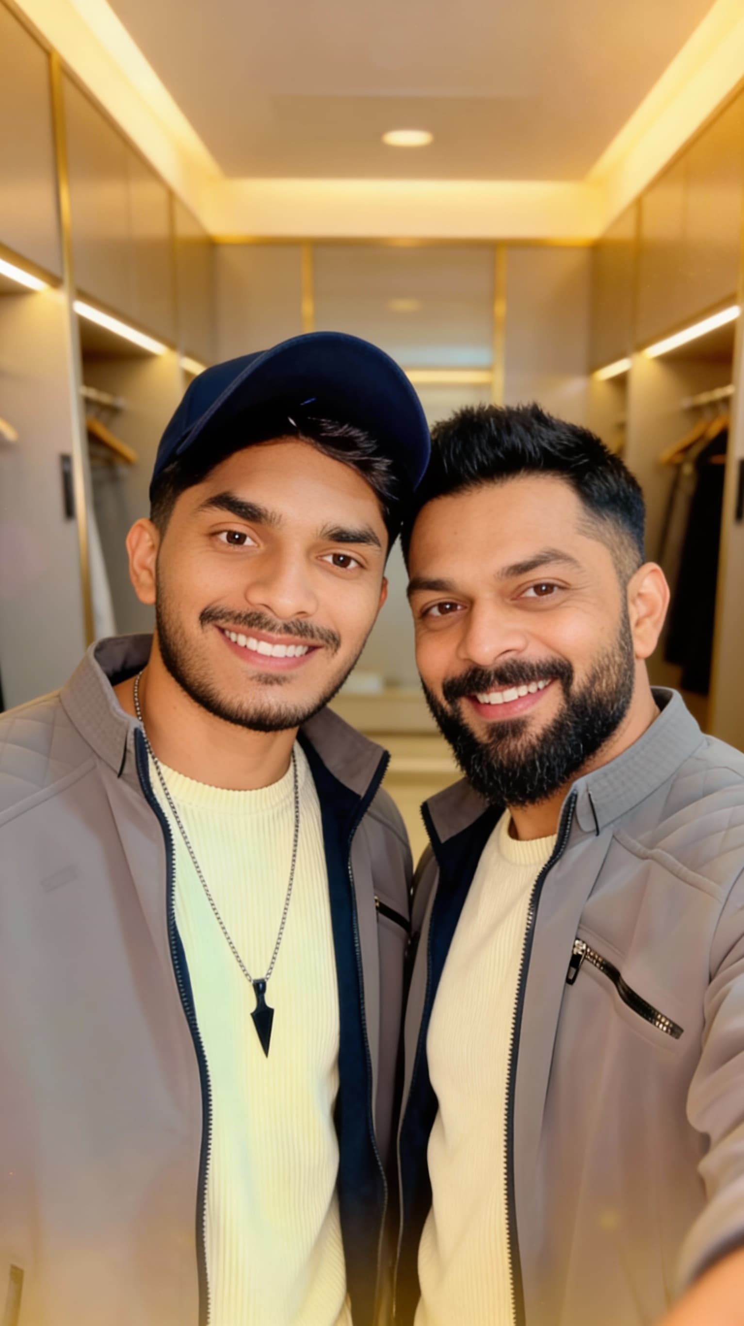 AI generated: Generate an ultra-HD, cinematic glow portrait of a person taking a selfie with Virat Kohli. They are...