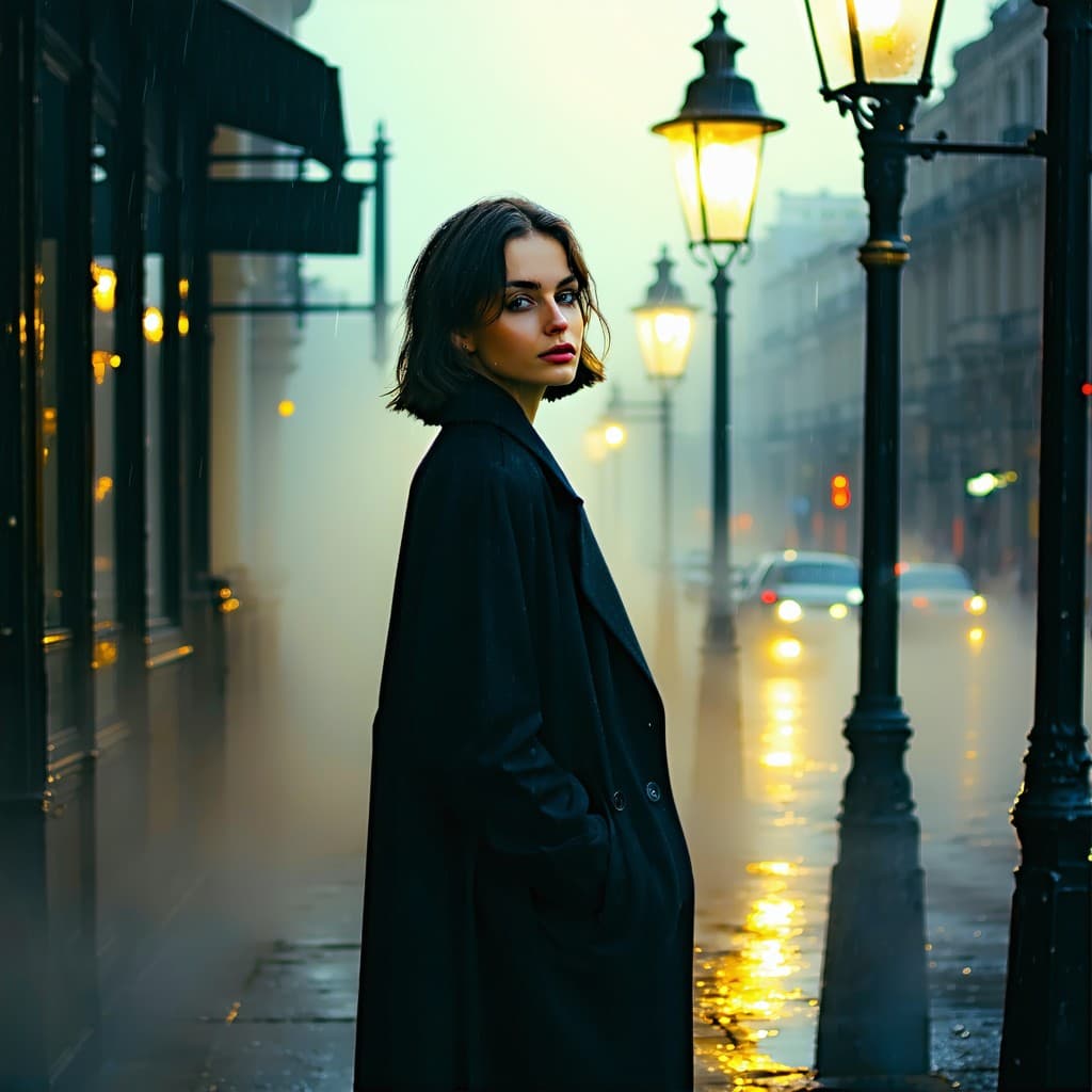 AI generated: A cinematic high-fashion portrait of a woman standing beneath the quiet glow of vintage streetlights...