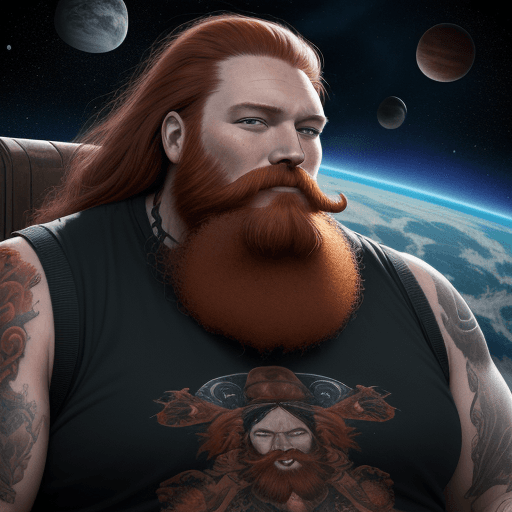 AI generated:  high quality foto of a big happy man, long dark red beard, dark looking white eyes, in space, cyper...