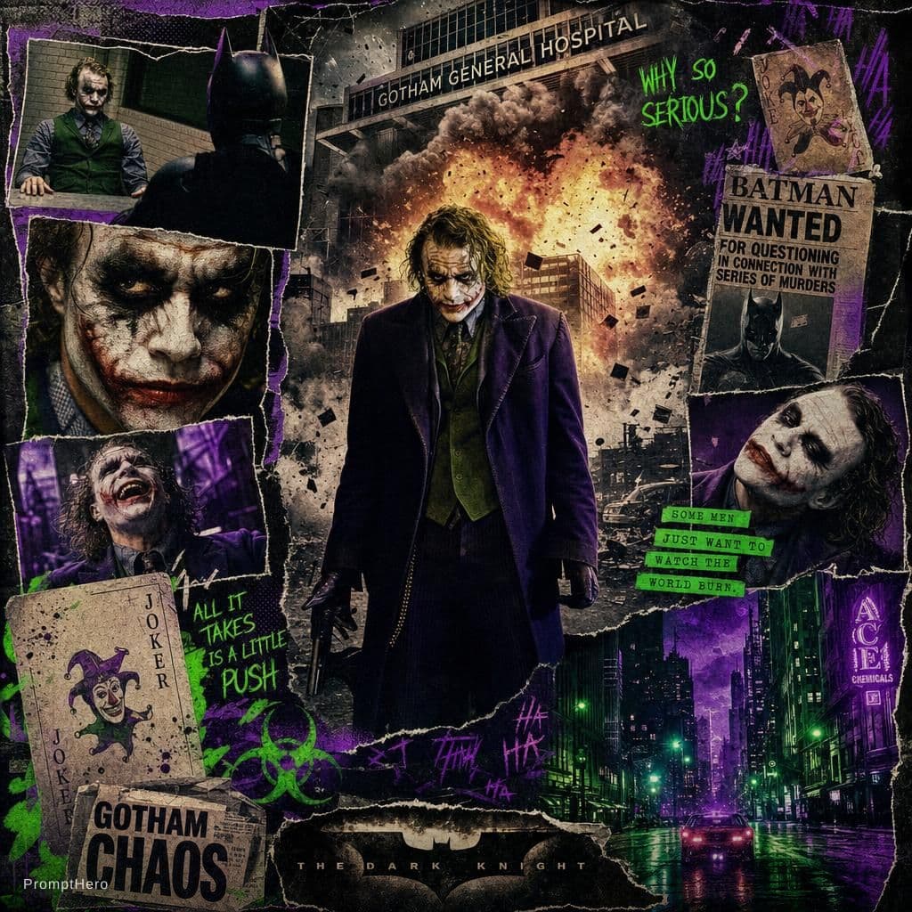 AI generated: A retro vintage collage design of Heath Ledger as the Joker. The central image shows him walking in ...