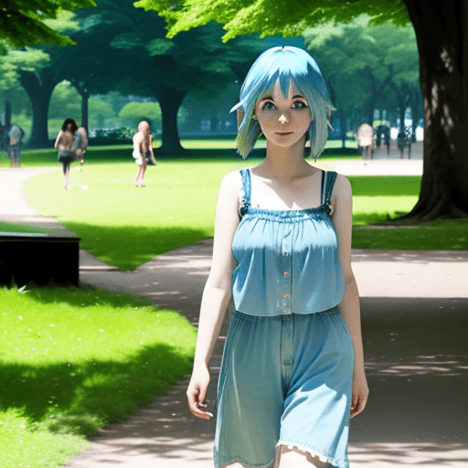 AI generated: summer days, a blue hair girl, 30 years old, walk in a park in front of camera 