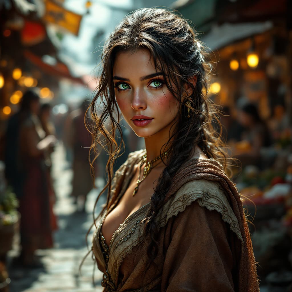 AI generated: A pretty girl in a crowded medieval market, market vendors, upper body, detailed clothes, green eyes...