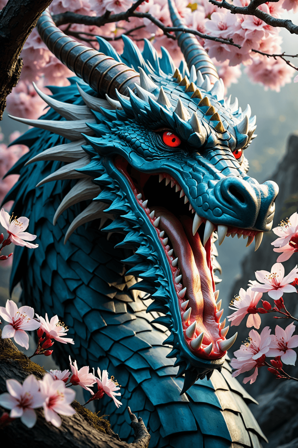 AI generated: A fierce, majestic dragon head is depicted in striking detail. The dragon has bright blue, textured ...