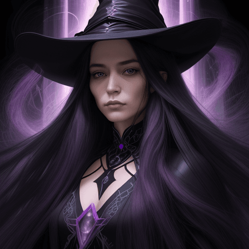 AI generated: a wizard woman with long hair in black, in the style of enigmatic tropics, fantastic realism, light ...