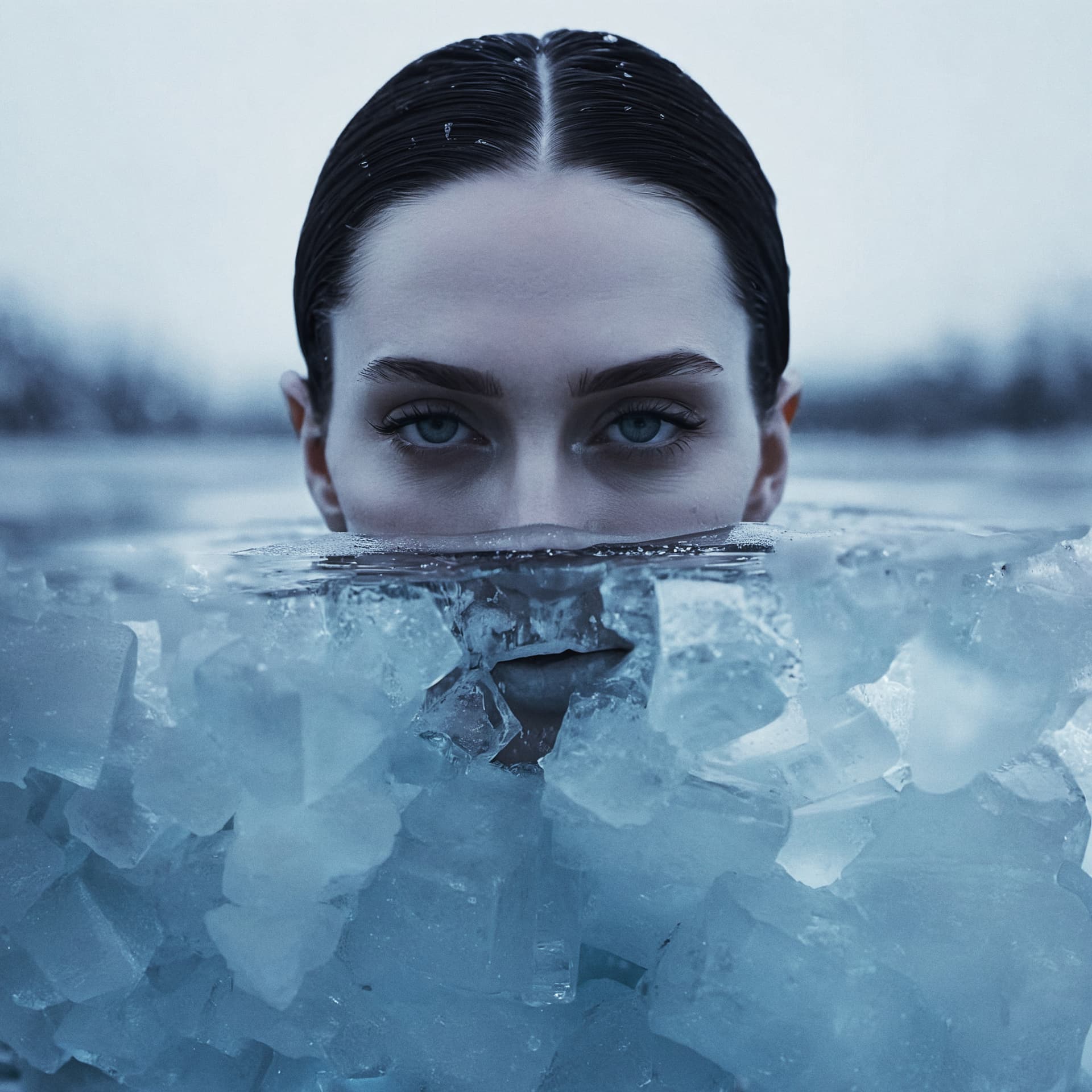 AI generated: cinematic portrait, dark theme, frost, future, snow, ice, sharp photo focus, street, symmetrical fac...