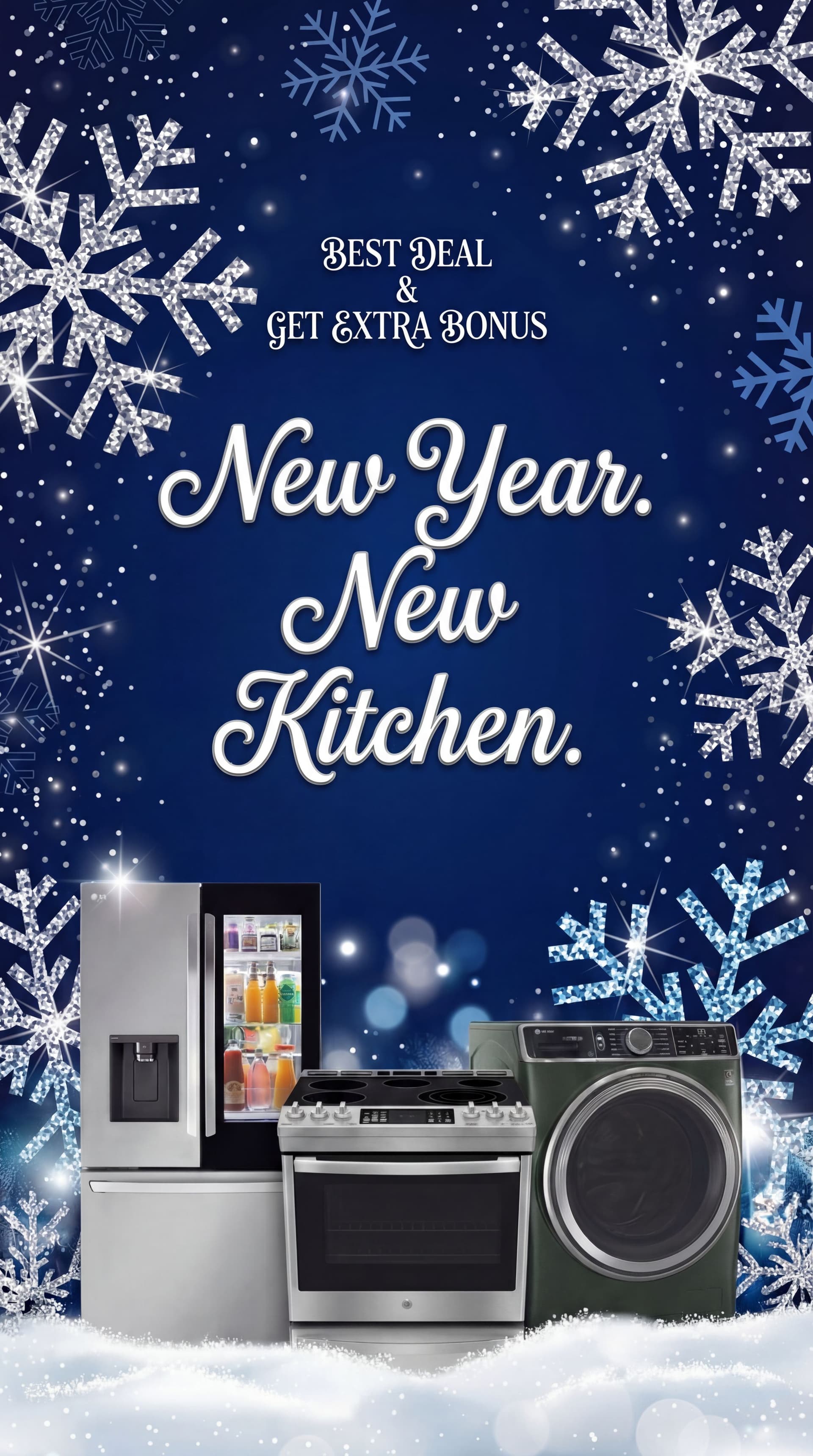 AI generated: Change the winter sales and write New Year. New Kitchen below it. Remove also the holiday decoration...