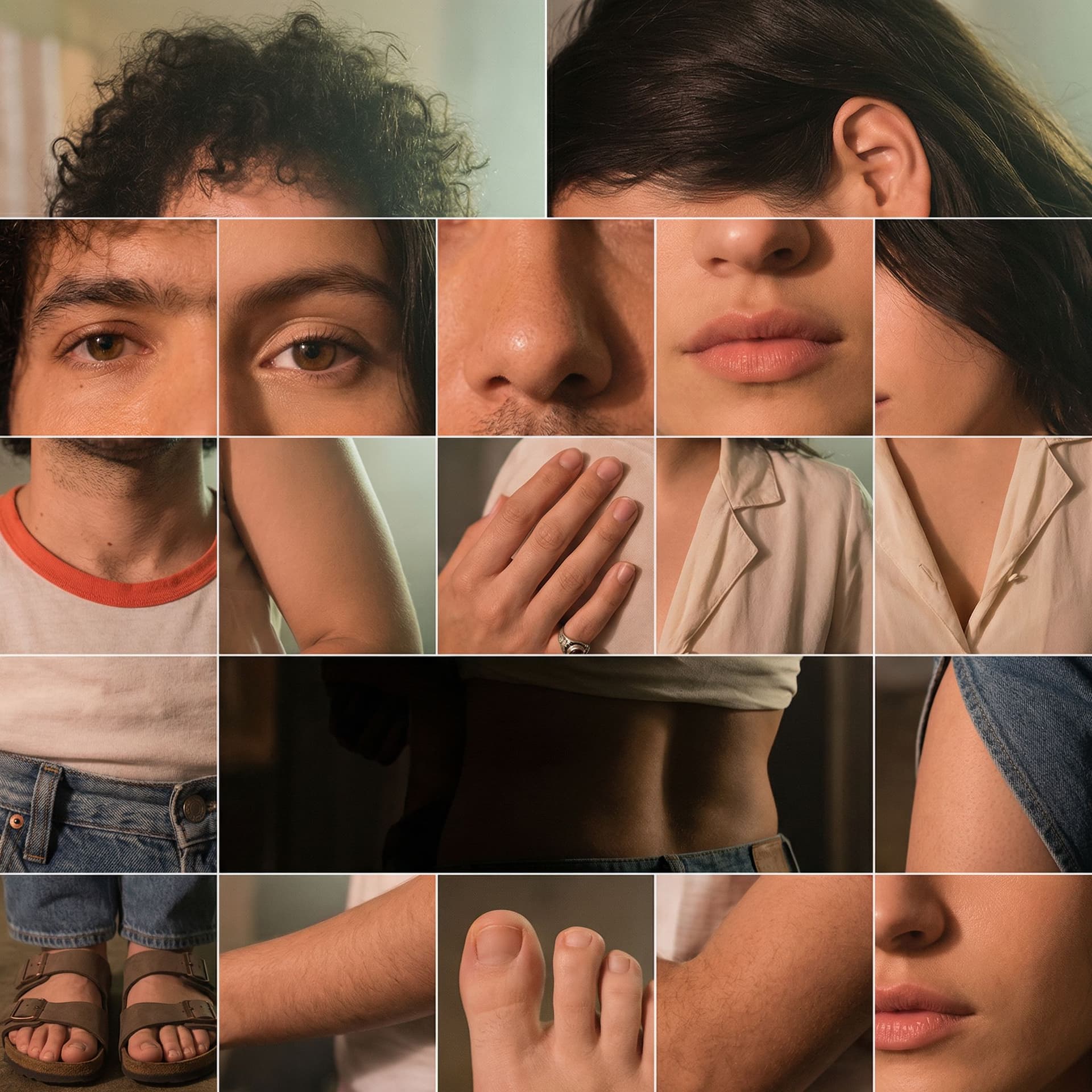 AI generated: macro photos of both Selena and Benny.. their hair, hairline, ears, eyes, nose, mouth, neck, chest, ...