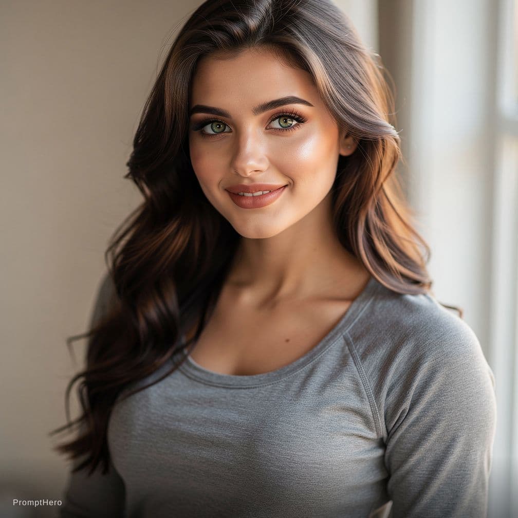 AI generated: cute 18 years old teen with fit body, brunette with green eyes, very cute and beautiful 