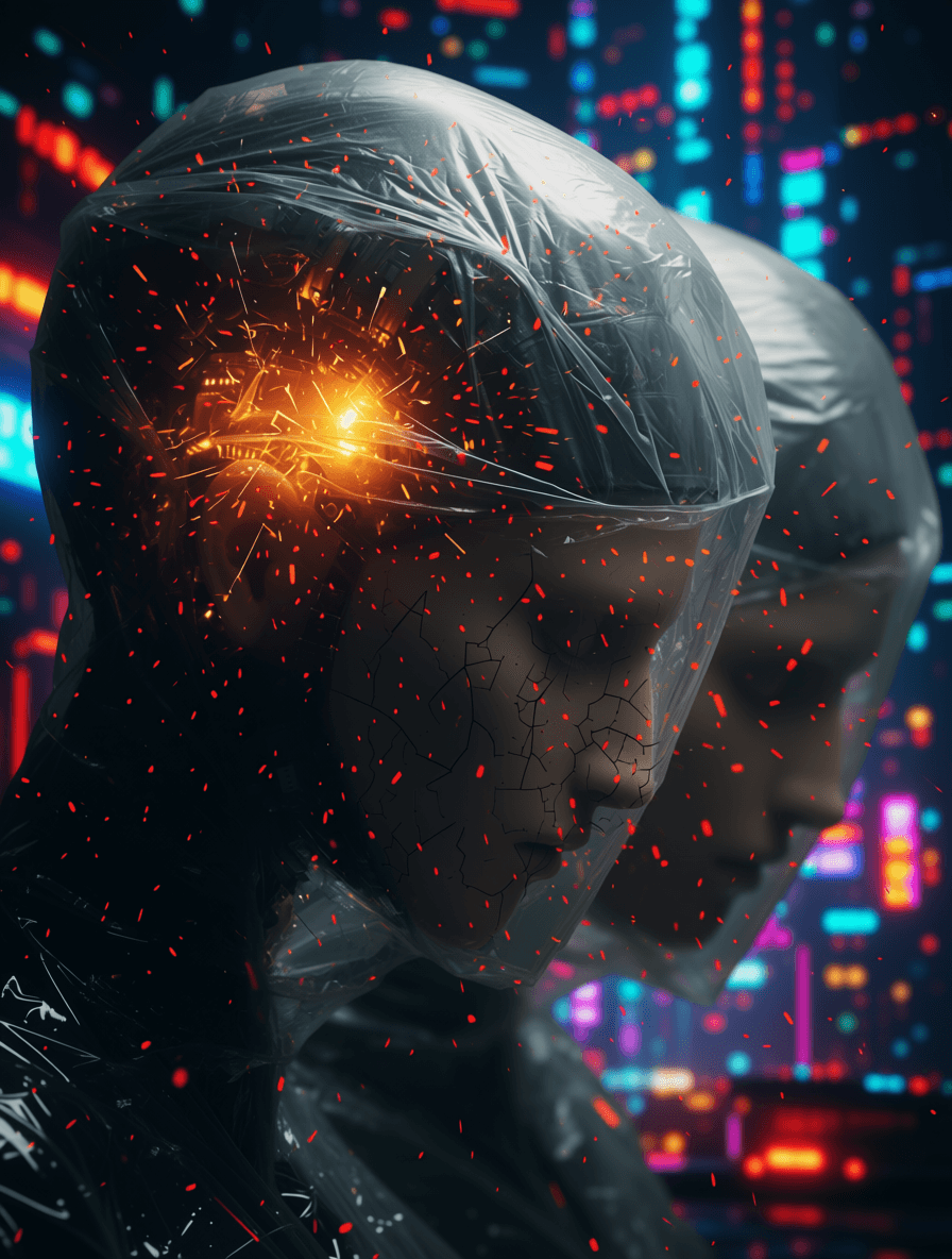 AI generated: two clipped humanoid heads inside vacuum sealed plastic, the plastic is tight around the heads. Epic...