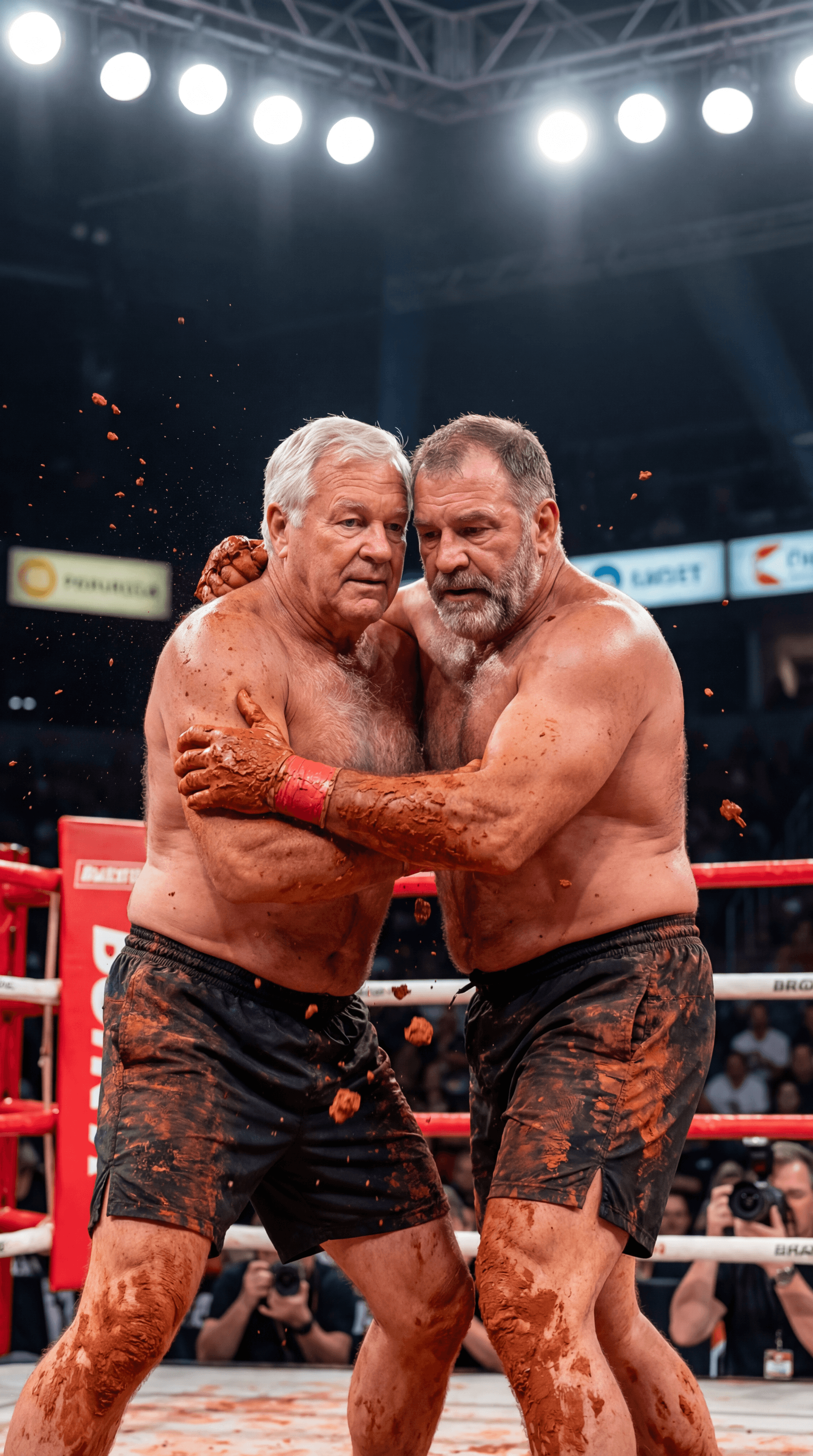 AI generated: PROFESSIONAL SPORTS BROADCAST PHOTOGRAPH — AMERICAN RED CLAY MUD WRESTLING — VERTICAL 9:16

ASPECT /...
