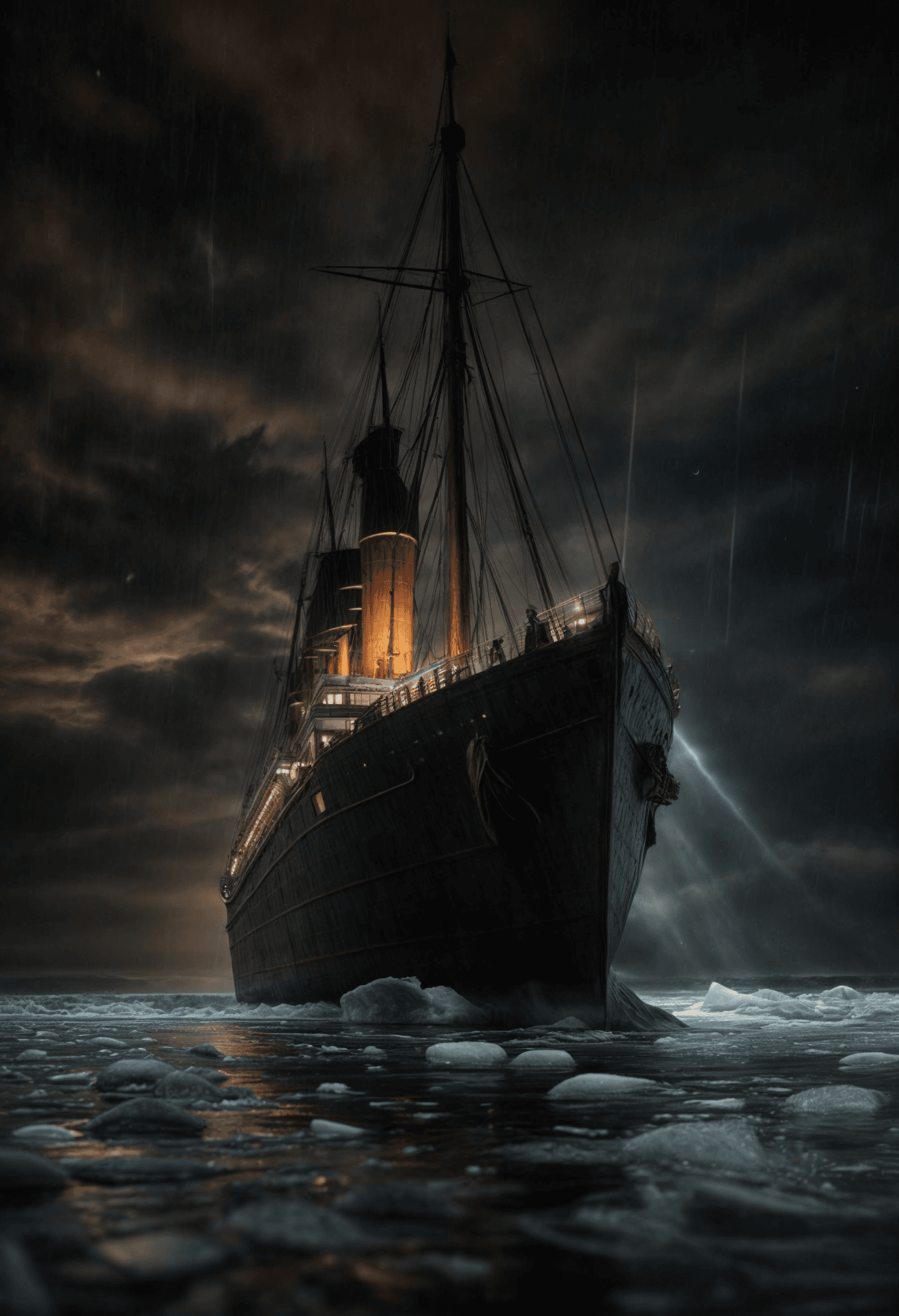 AI generated: epic scene from the Titanic,ice,dramatic lights