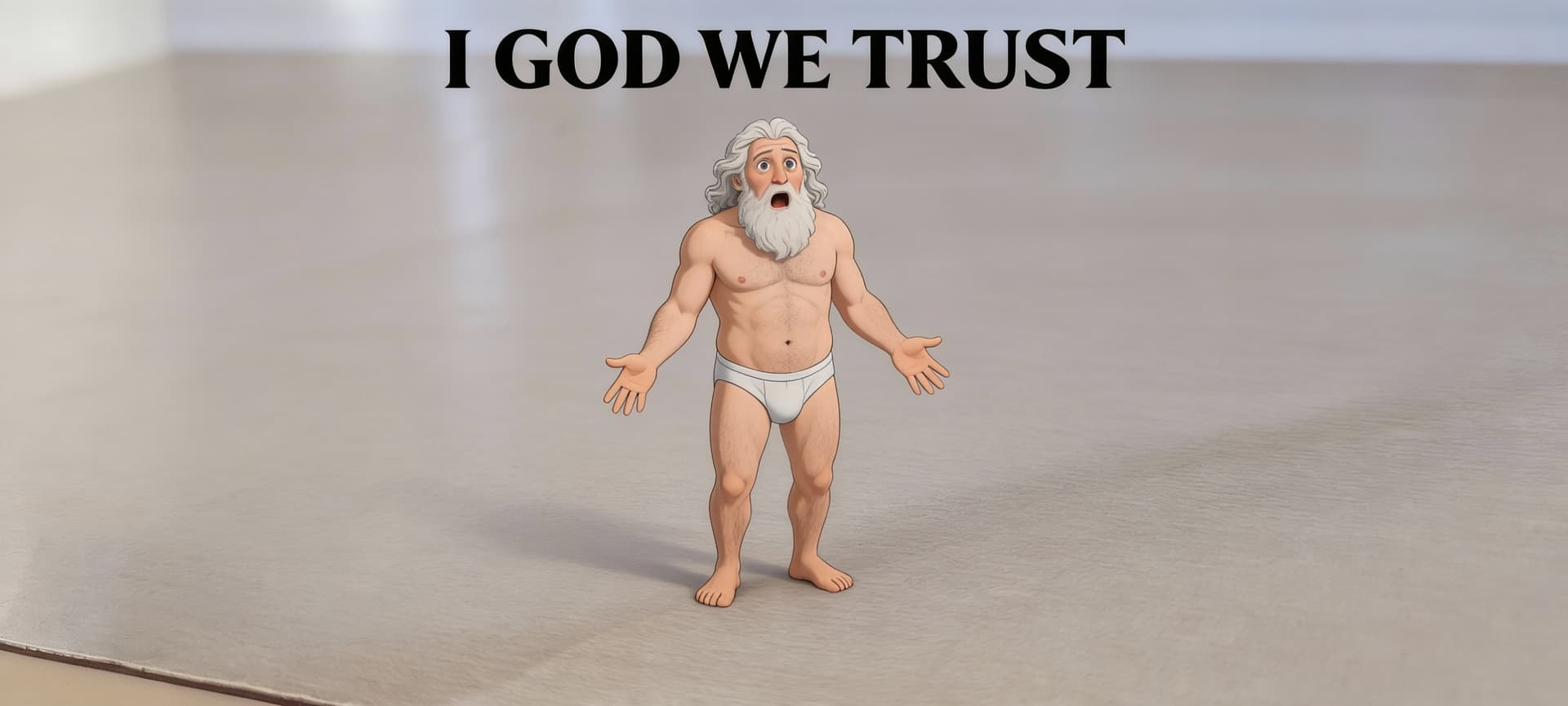 AI generated: God looks surprised without underwear
Write on top
I GOD WE TRUST