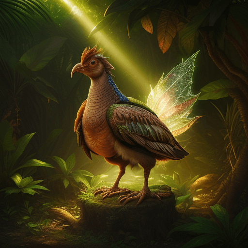 AI generated: fantasy turkey in the jungle, closeup, ultra detailed, fairy lighting, photorealistic, bright colors...