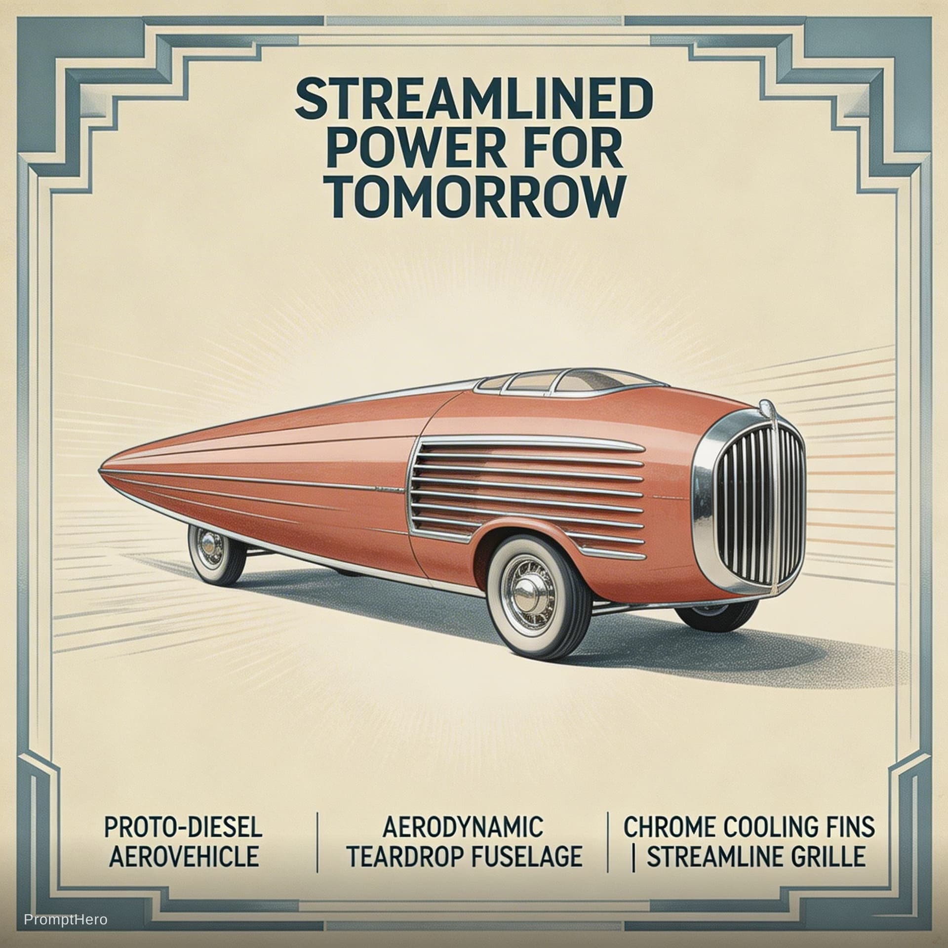 AI generated: A 1930s Streamline Moderne exhibition display panel presenting a proto-diesel aircraft-vehicle as a ...