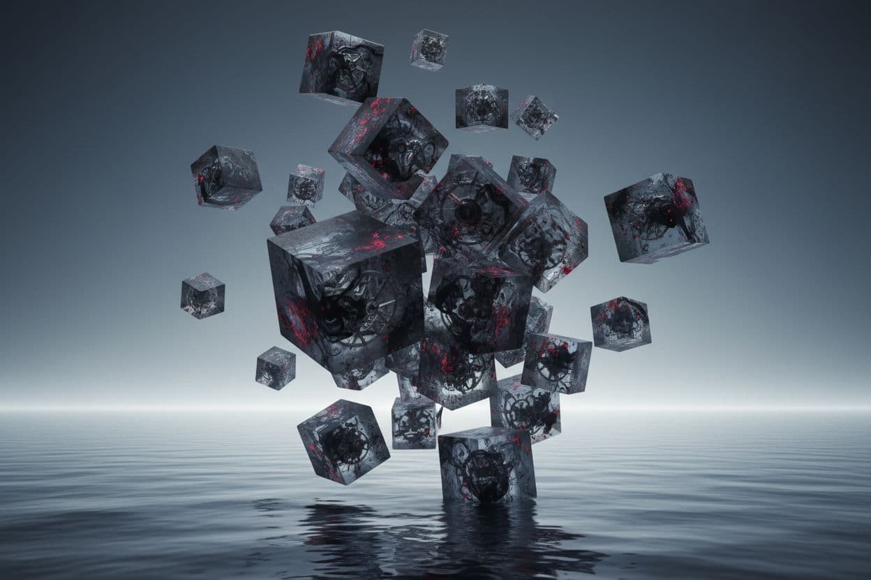 AI generated: surrealist abstract sculpture, floating cubic sculptures layered with elaborate swirling ink pattern...