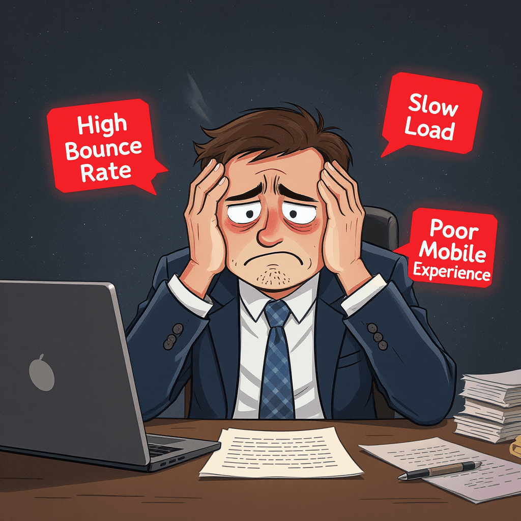 AI generated: A stressed business owner sitting at a desk, head in hands. Floating red alert icons around the scre...