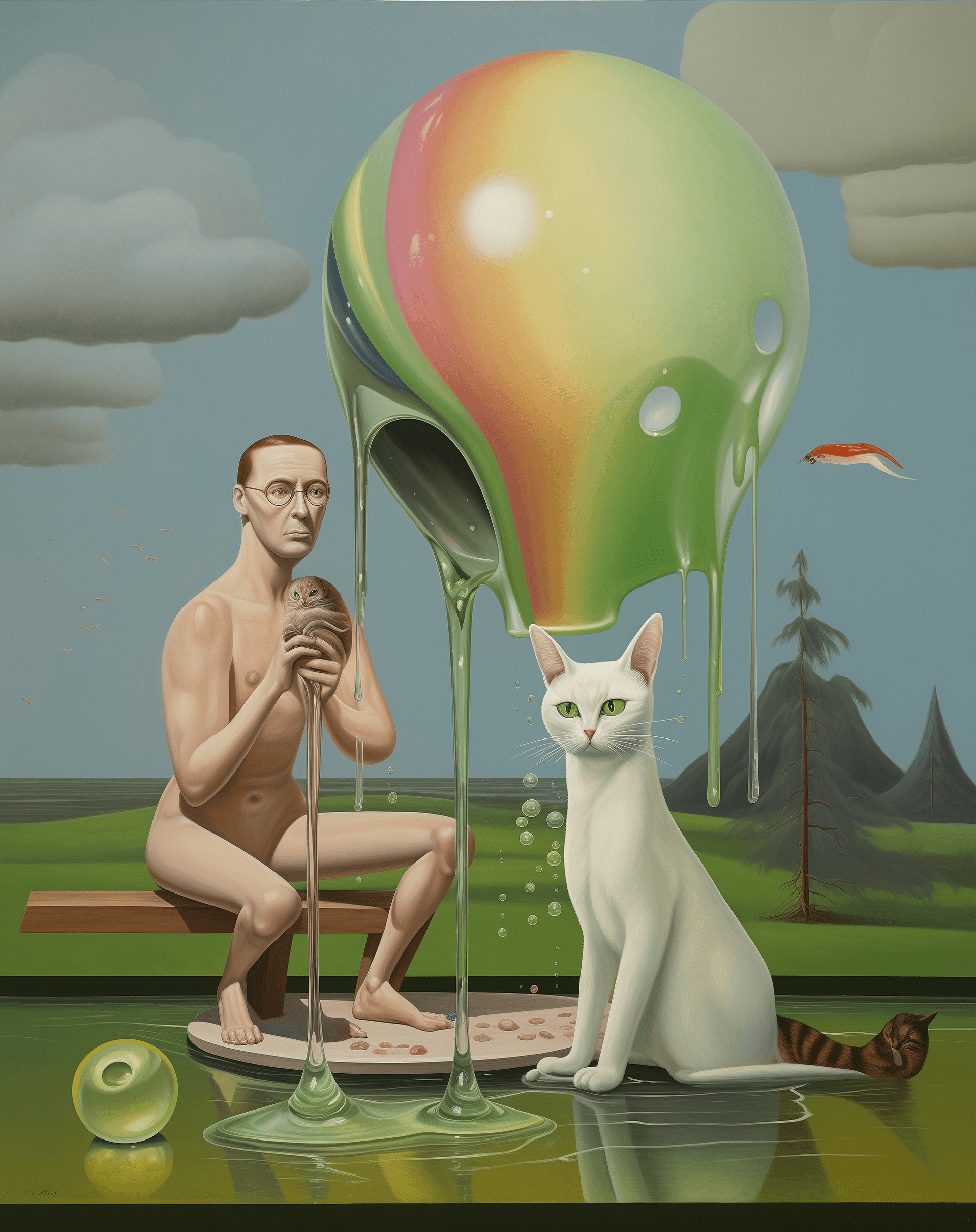 AI generated: In the style of surrealist painting, an elongated human figure with rainbow-colored skin and one eye...