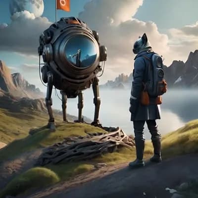 AI generated video:  el robot y el personaje andan , la luna gira y las nubes se mueven 