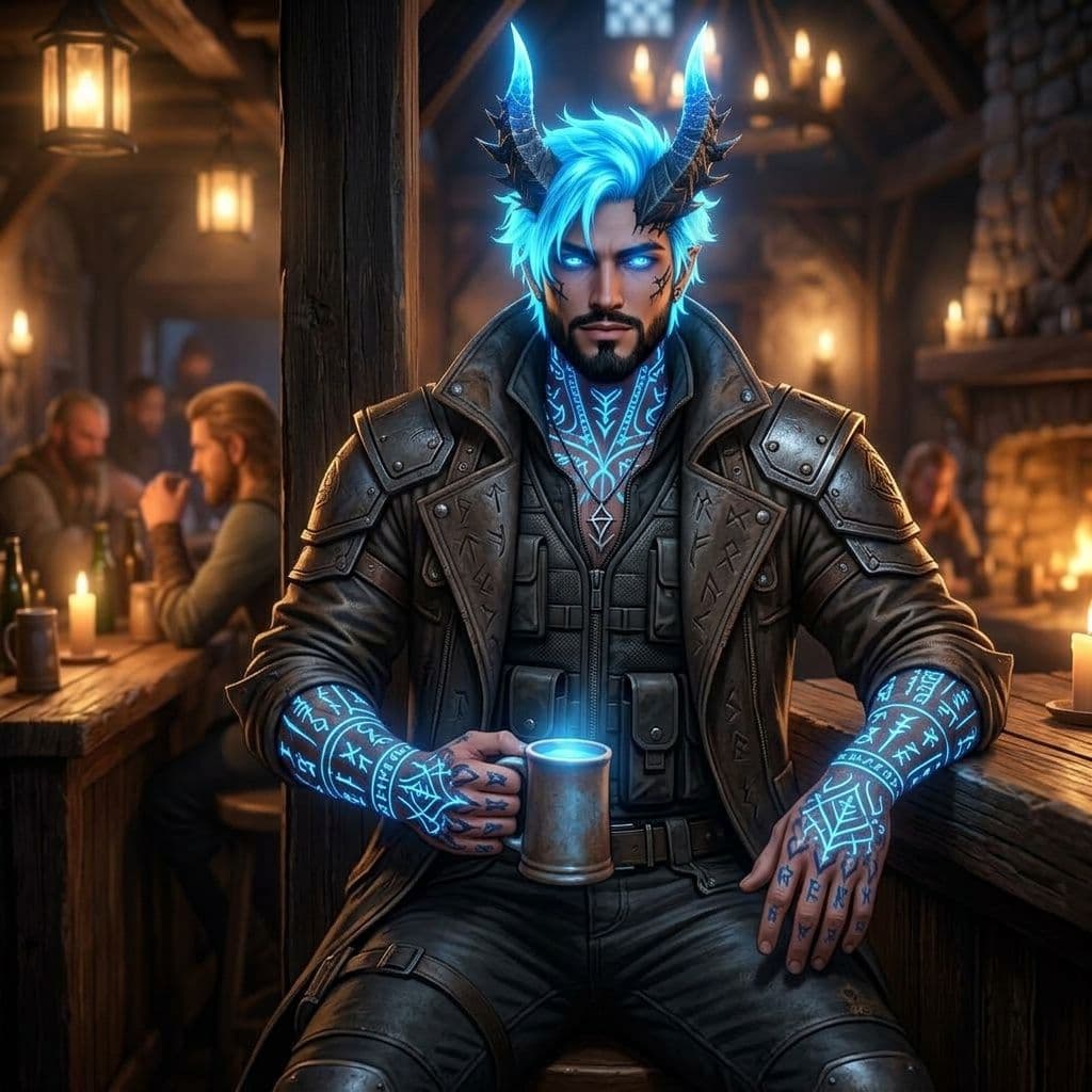 AI generated: While keeping his relaxed vibe give him clothes that look more badass with glowing blue rune looking...