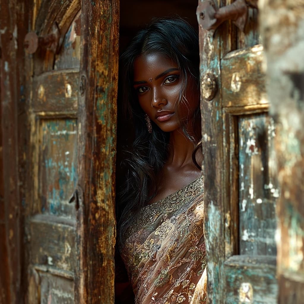 AI generated: A breathtakingly beautiful, voluptuous Indian woman stands gracefully at the threshold of an old woo...