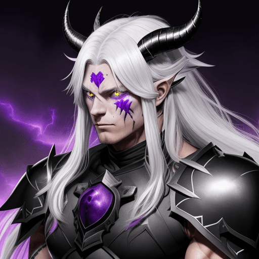 AI generated: black armor man , long white hair, with purple horns, anime, aesthetic, high height, muscular, with ...