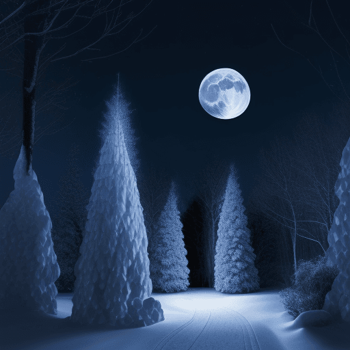 AI generated: blue theme, snow, snowy, dark, full moon, moon, moonlight, night, night, no humans, outdoors, scener...