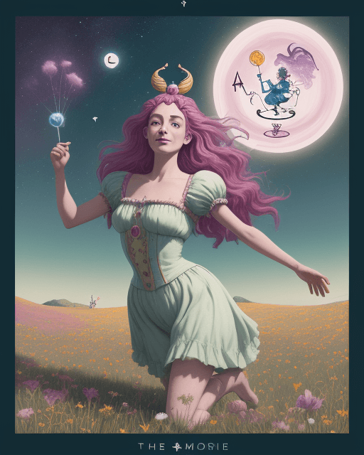 AI generated: An image of a whimsical Fool Tarot Card character frolicking through a vibrant meadow, bathed in eth...