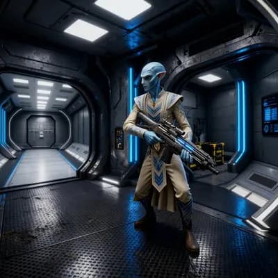AI generated video: Create a Sci-fi scene.

The character in the reference image runs into the scene from behind the cam...