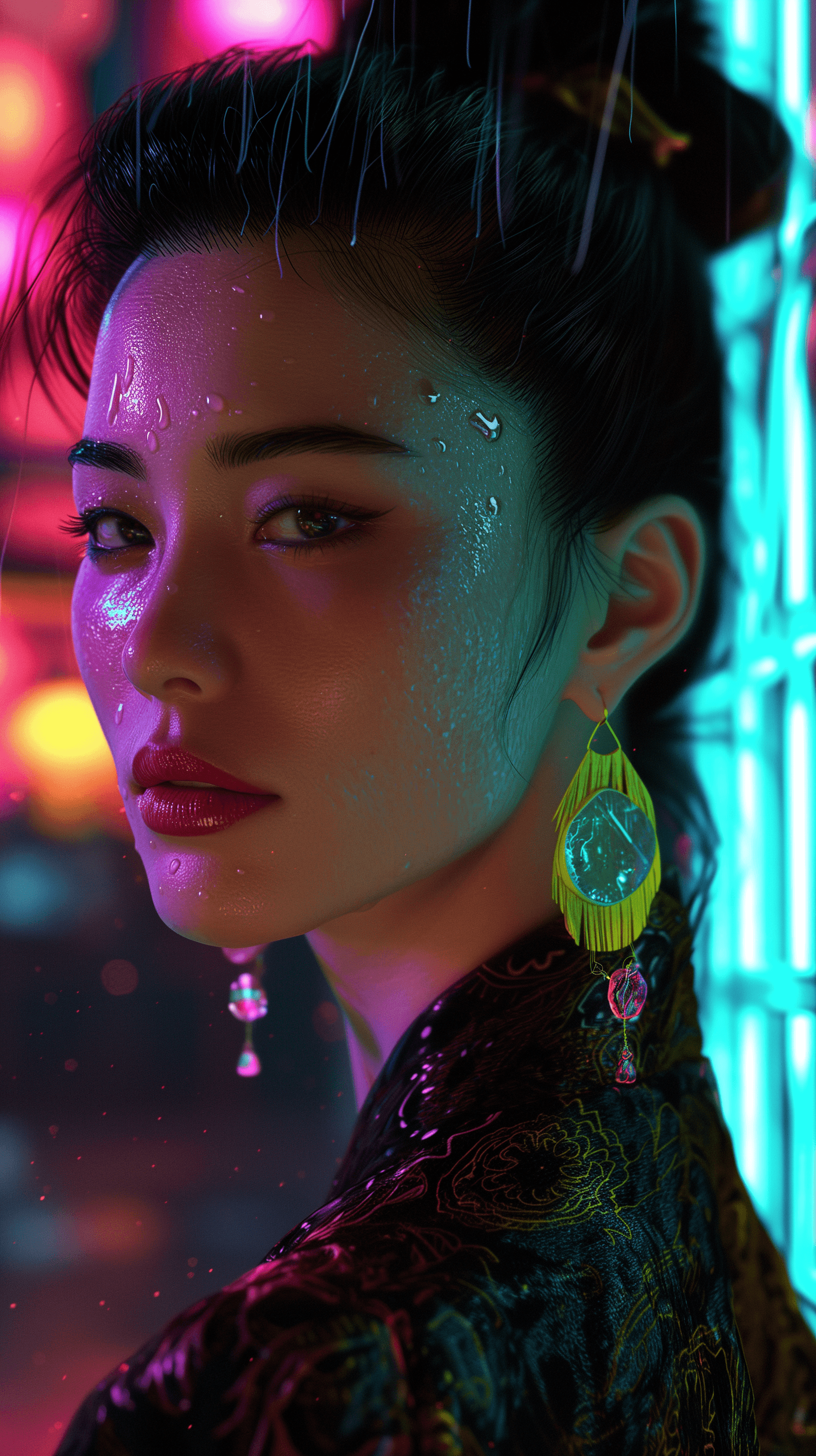 AI generated: Half-body portraits, mid-age Chinese mature woman, hair in a bun, adorns large earrings, wearing an ...