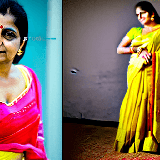 AI generated: Photo of a hot 35 age Indian mother,yellow saree,red sleeveless blouse,deep clevage,deep navel,cinem...