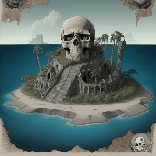 AI generated: A color comic style poster of the island of the dead, human skull figures of the undead, with A penc...