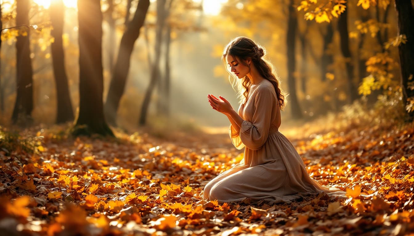 AI generated: In a serene autumn forest, a woman in a flowing beige dress kneels on a carpet of orange and brown l...