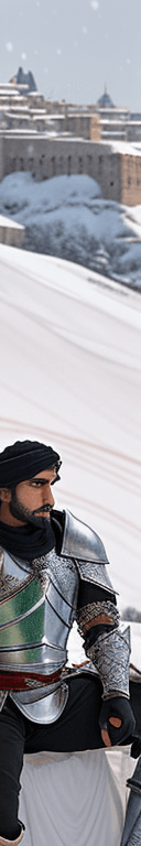 AI generated: Full Muslim male body, resting in the snow, male human, from Prince of Persia, human Palestinian kni...