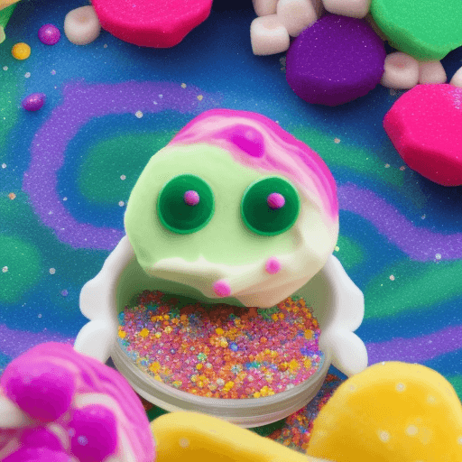 AI generated: cosmos of pascal colorful falling strip sweets mascot with sugar sprinkles and two large glassed eye...