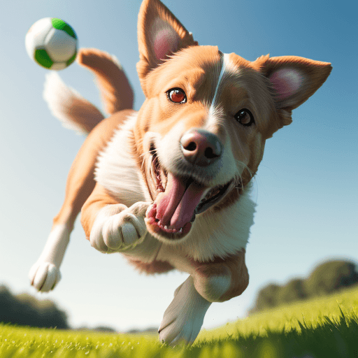 AI generated: Photorealistic Image of a jumping Dog with ball in mouth, in Green Field, Soft Focus, High Resolutio...