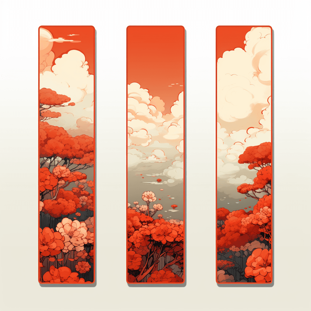 AI generated: set of orange floral banners with clouds, rain falling and sunshine, in the style of mid-century ill...