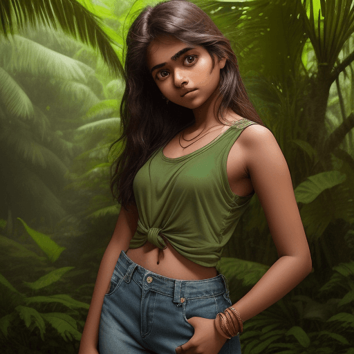 AI generated: A 17 year old Indian girl is posing in a natural trail in a jungle , she is wearing a loose green ta...